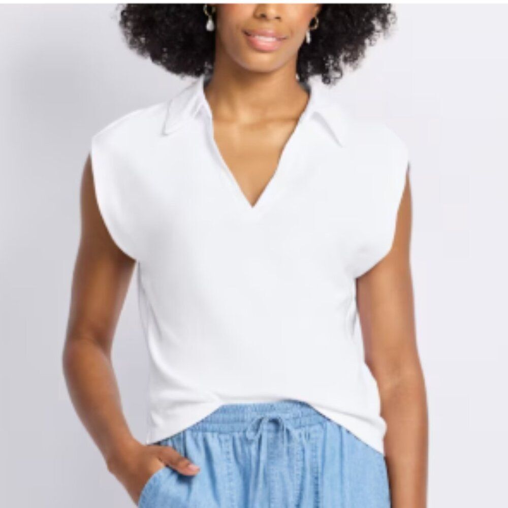 Michael Stars Faye Power Shoulder Polo Shirt size Large White Sleeveless Top